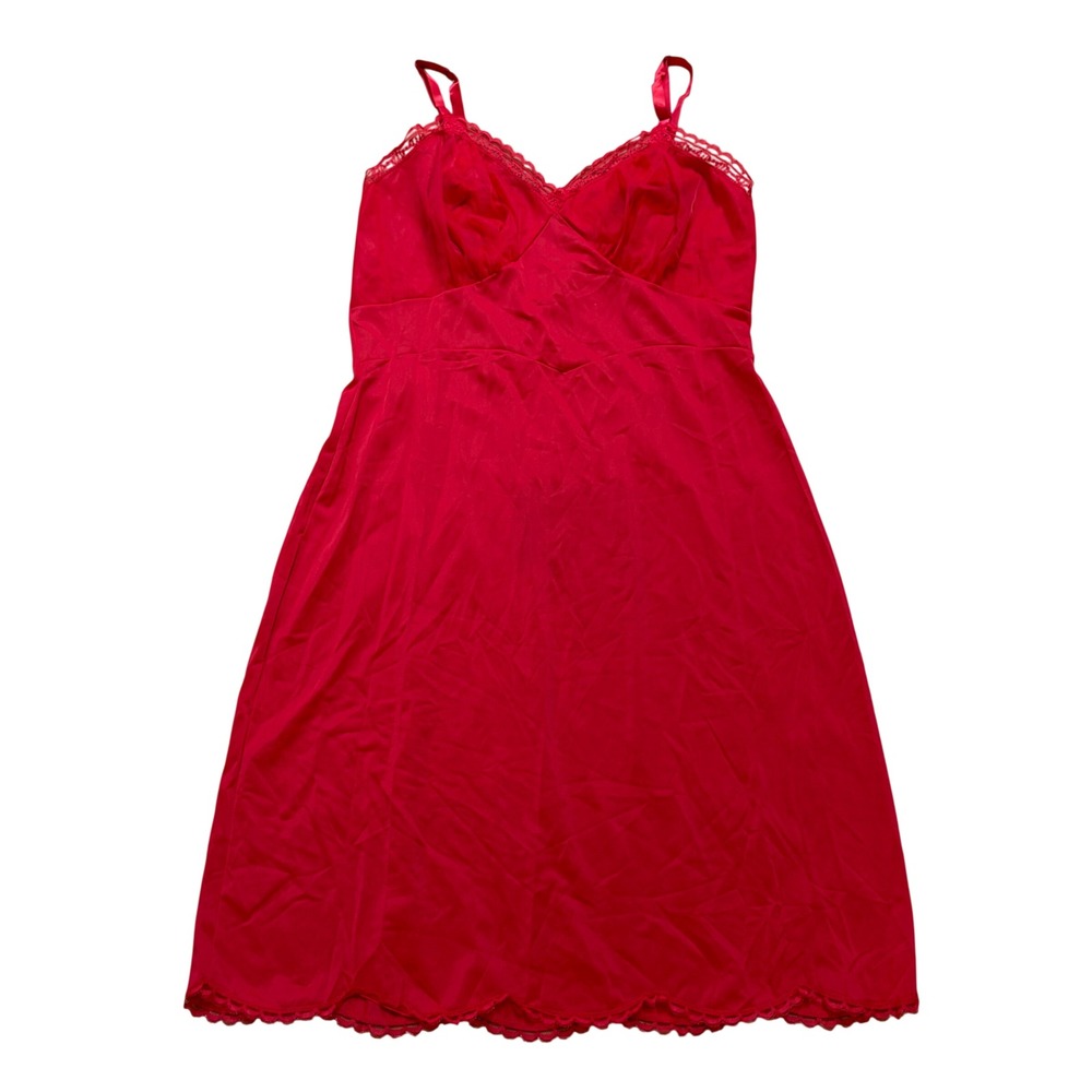 Shadowline Vintage Red Nylon Full Slip Lace Trim Adjustable Straps Size 38